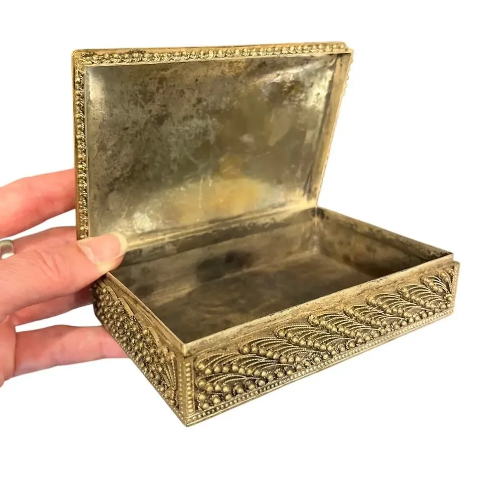 Vintage Tibetan Filigree Brass Trinket Box Nepal Tigers Eye Jewelry Chest MCM